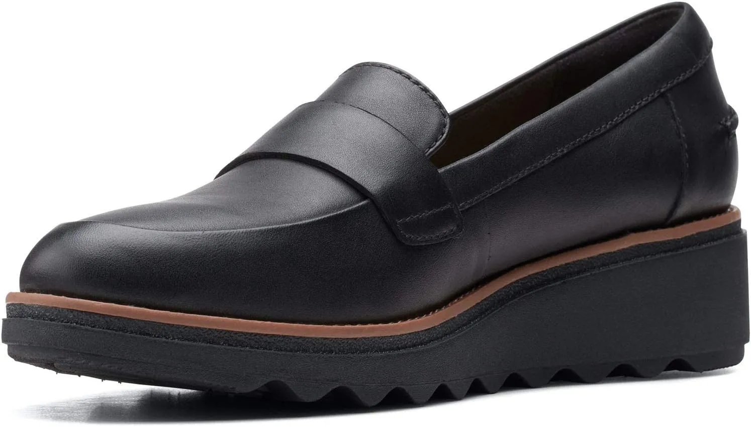 Clarks womens Sharon Gracie Penny Loafer, Black Leather With Dark Tan Welt, 7 US