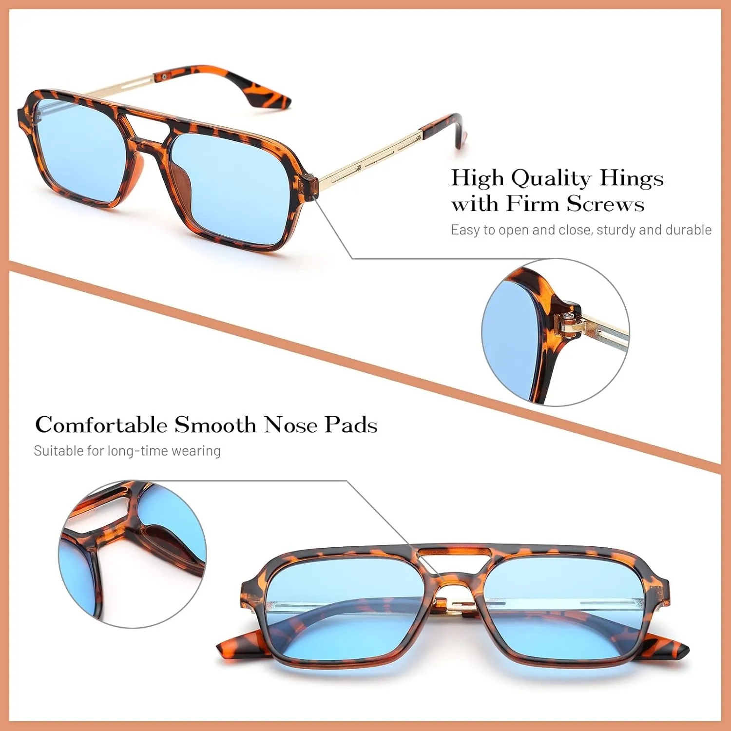 COASION Vintage 70s Flat Aviator Small Frame Sunglasses for Women Men Square Metal Design UV400 Protection Shades