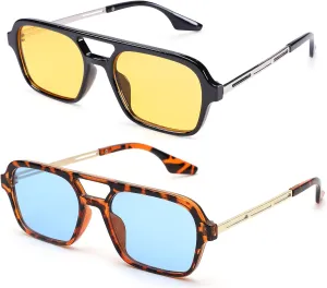 COASION Vintage 70s Flat Aviator Small Frame Sunglasses for Women Men Square Metal Design UV400 Protection Shades