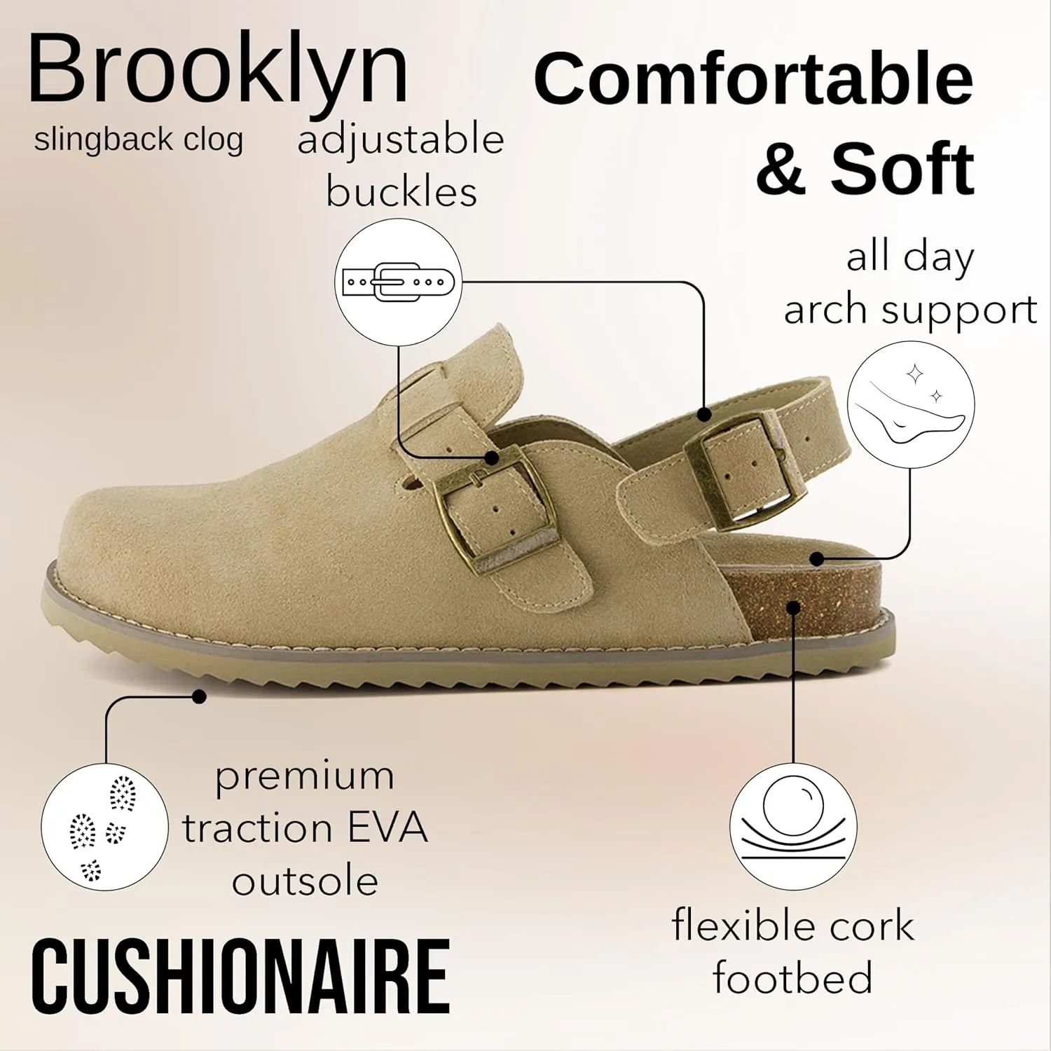 CUSHIONAIRE Brooklyn Women's Suede Clogs - Adjustable Slingback Clog Sandal with Buckle, Memory Foam, Wide Widths