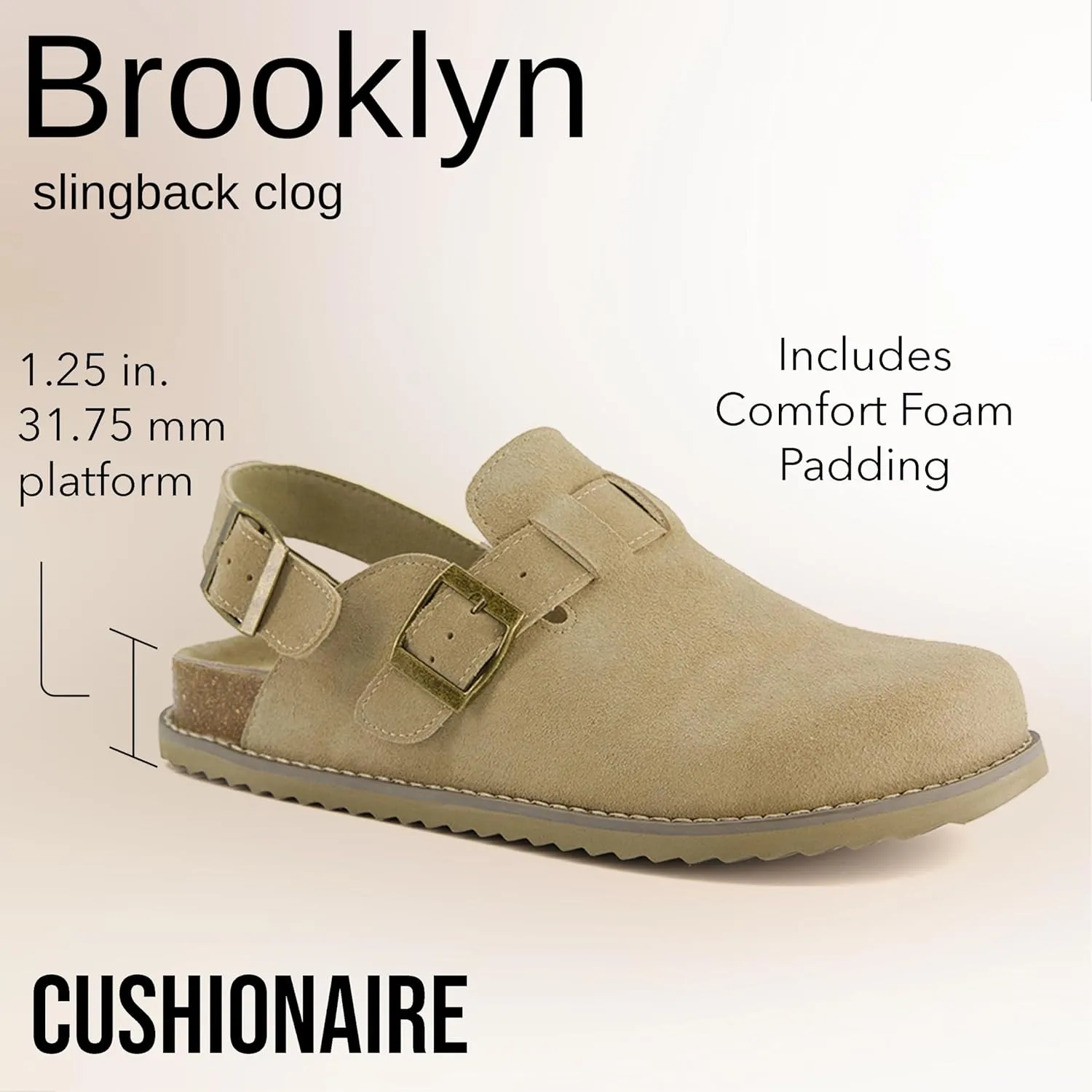 CUSHIONAIRE Brooklyn Women's Suede Clogs - Adjustable Slingback Clog Sandal with Buckle, Memory Foam, Wide Widths