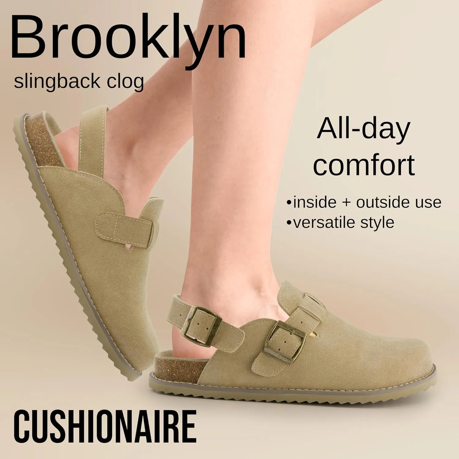 CUSHIONAIRE Brooklyn Women's Suede Clogs - Adjustable Slingback Clog Sandal with Buckle, Memory Foam, Wide Widths