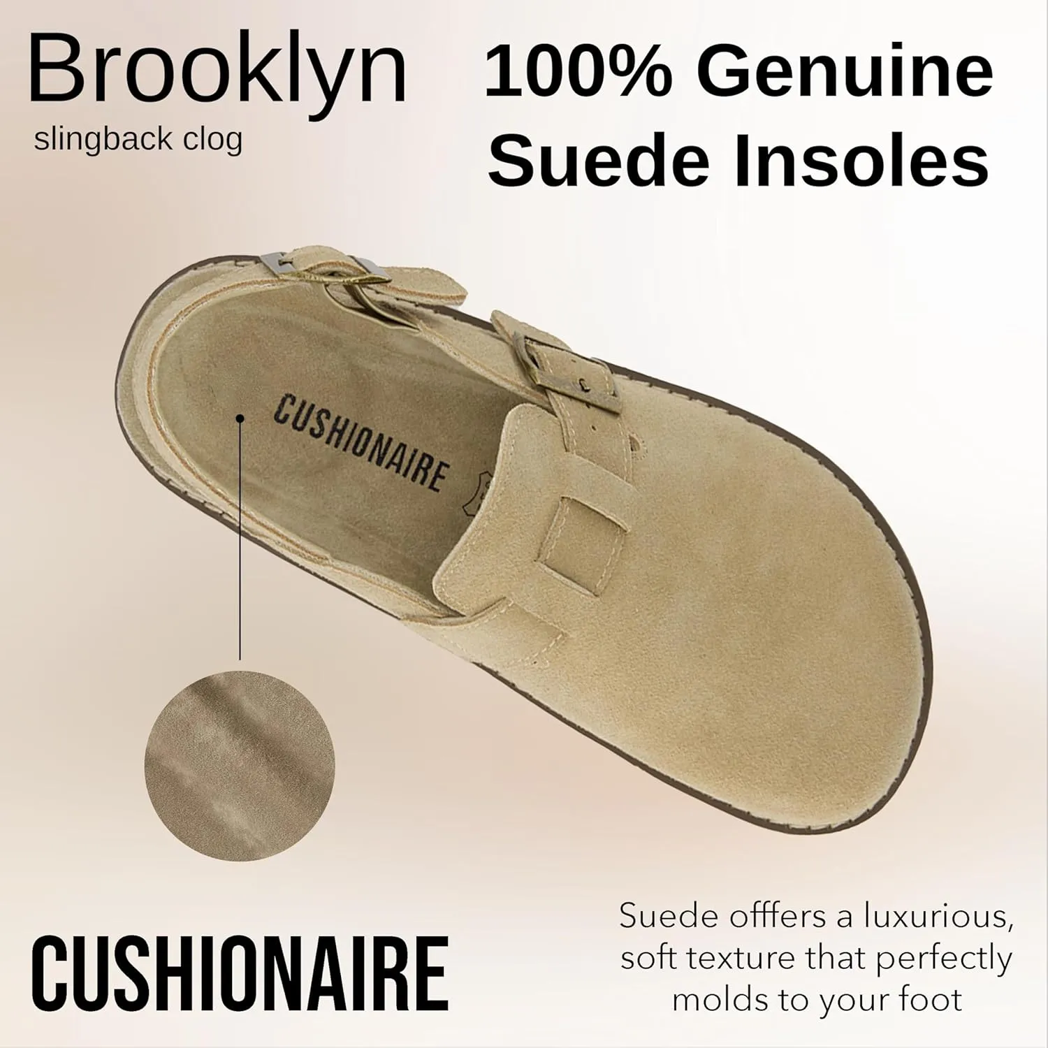 CUSHIONAIRE Brooklyn Women's Suede Clogs - Adjustable Slingback Clog Sandal with Buckle, Memory Foam, Wide Widths