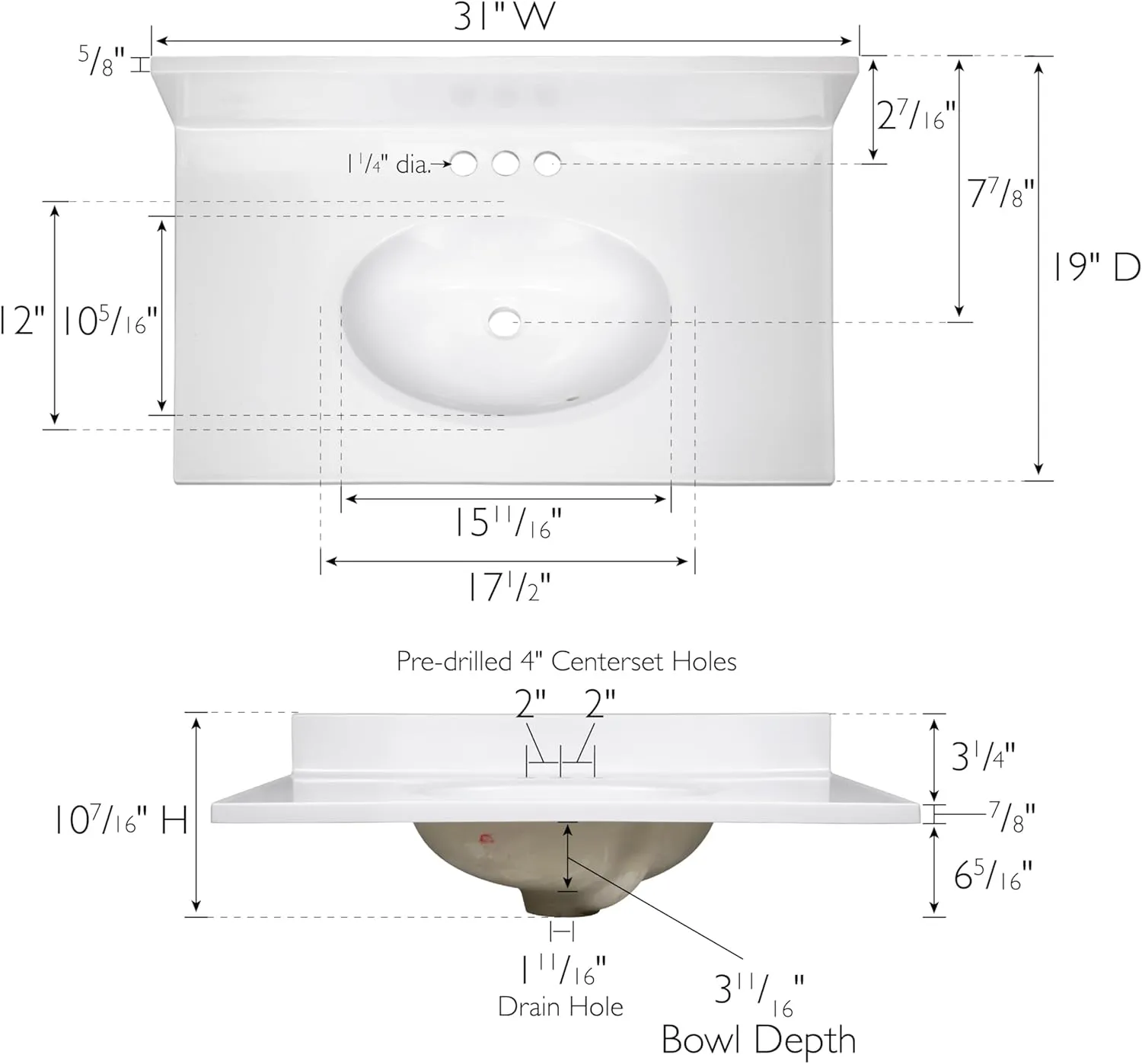 Design House 31 Inch Cultured Marble Vanity Top with Integrated Sink and Backsplash, White, Improved Package, 586198