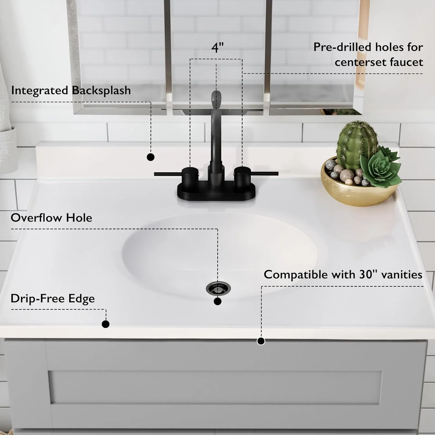 Design House 31 Inch Cultured Marble Vanity Top with Integrated Sink and Backsplash, White, Improved Package, 586198