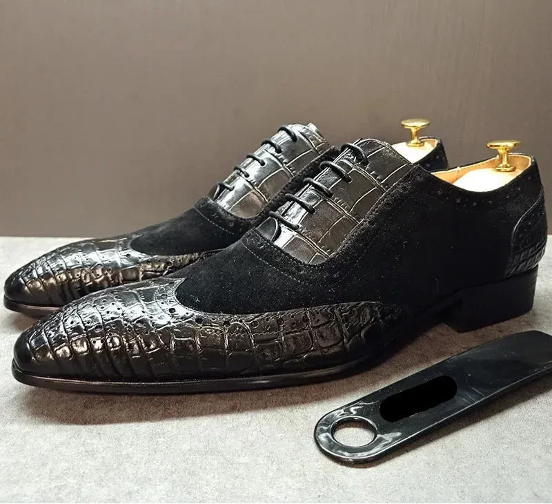 ELEGANT LEATHER  LACE UP CROCODILE PRINT SHOES
