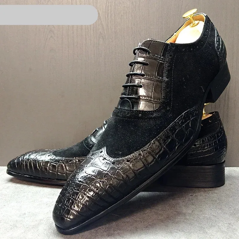 ELEGANT LEATHER  LACE UP CROCODILE PRINT SHOES