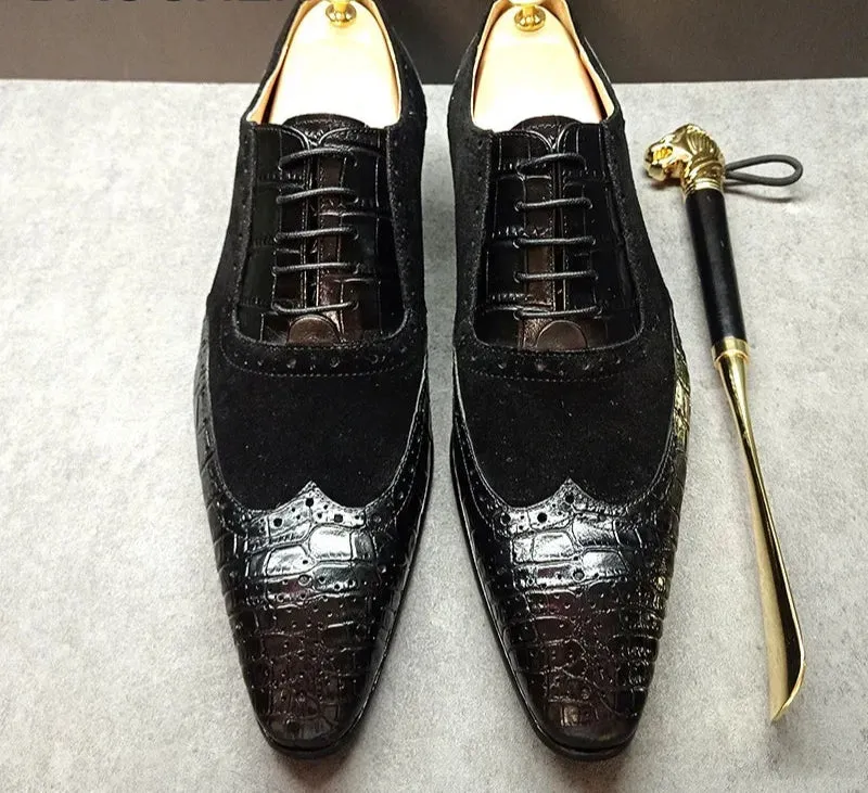 ELEGANT LEATHER  LACE UP CROCODILE PRINT SHOES
