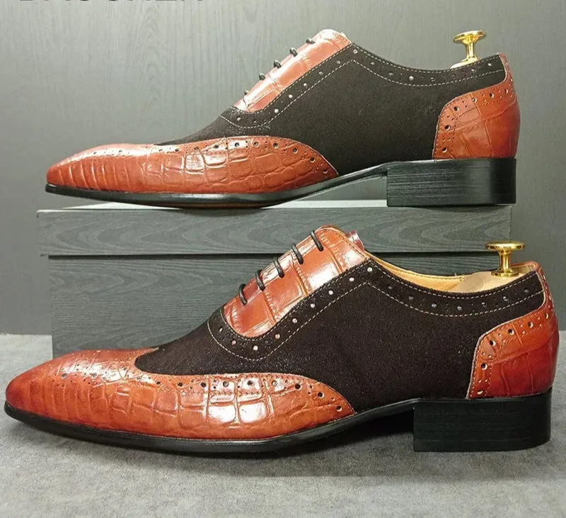 ELEGANT LEATHER  LACE UP CROCODILE PRINT SHOES