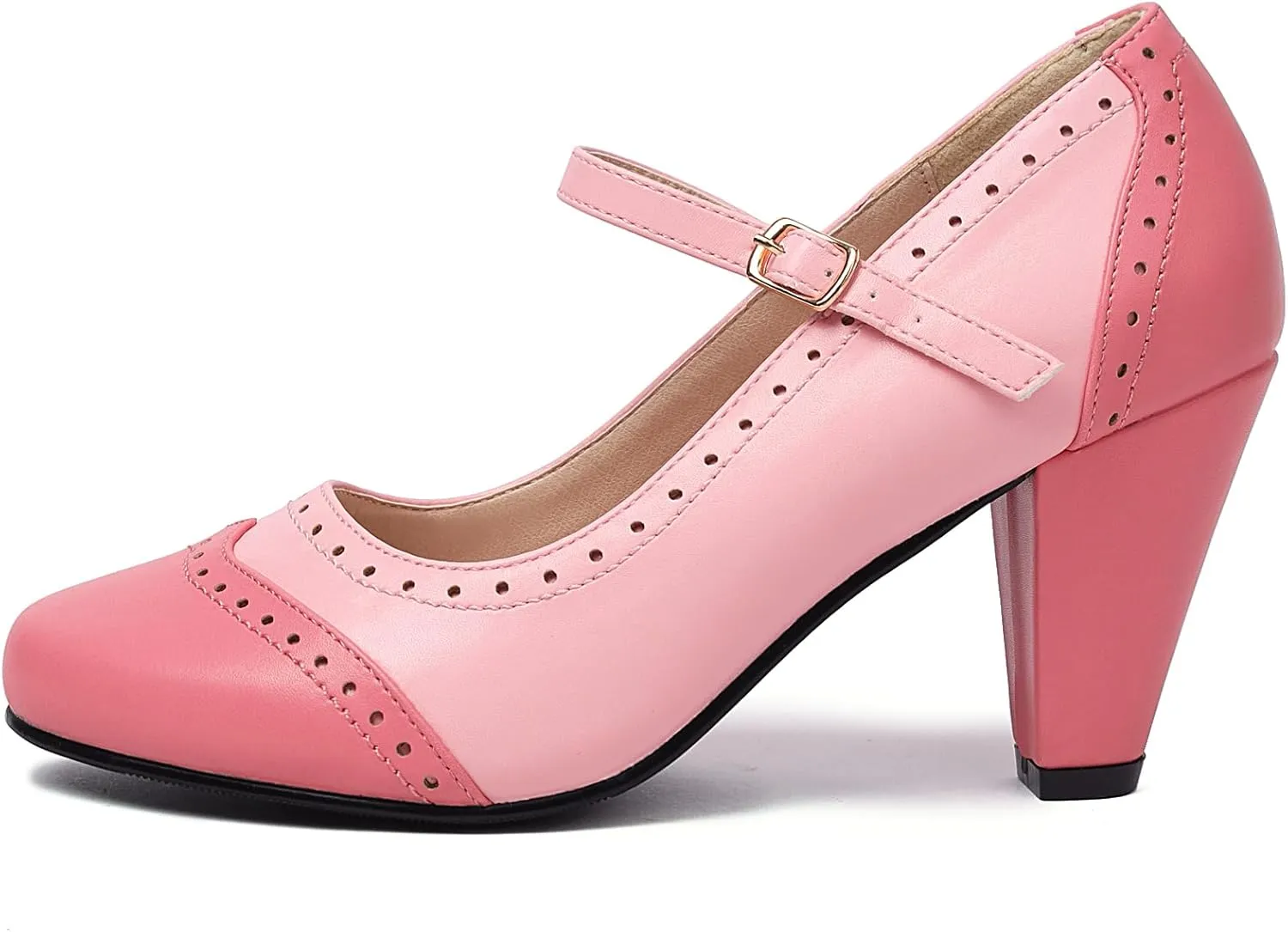 Elerhythm Women's Two Tone Mary Jane Classic and Retro 1920s Pump Heels Oxford Pattern 1950s Vintage Round Closed Toe Ankle Strap Dress Shoes