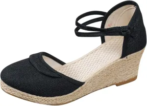 Espadrilles Wedge Sandals for Women,Closed Pointed Toe Orthopedic Backless Platform Sandal Ladies Arch Support Comfy Strappy Shoes Cushion Footbed Casual Shoe for Outdoor Indoor