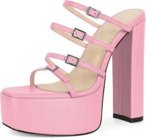 Esvowido Platform Chunky Heels for Women Square Open Toe Adjustable Straps Platform Mule Sandals with High Heel for Party Prom Wedding