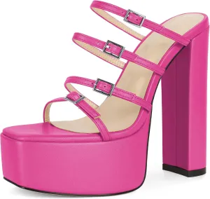 Esvowido Platform Chunky Heels for Women Square Open Toe Adjustable Straps Platform Mule Sandals with High Heel for Party Prom Wedding