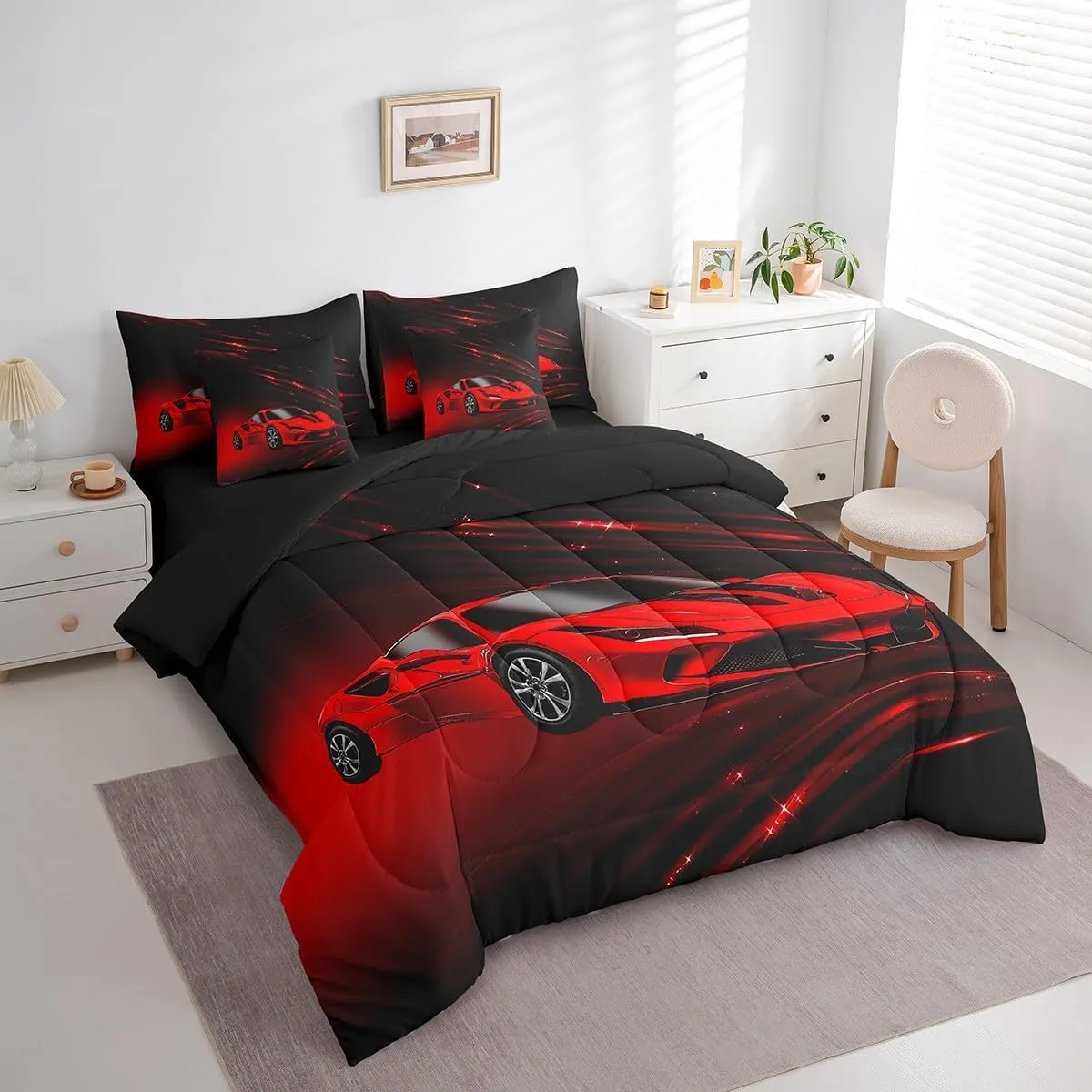 Feelyou Boys Red Race Car 7 Piece Bedding Set Full Size Speed Sports Car Comforter Set with Sheets for Kids Teens Adult Fast and Furious Bed in a Bag Red Ombre Bed Set