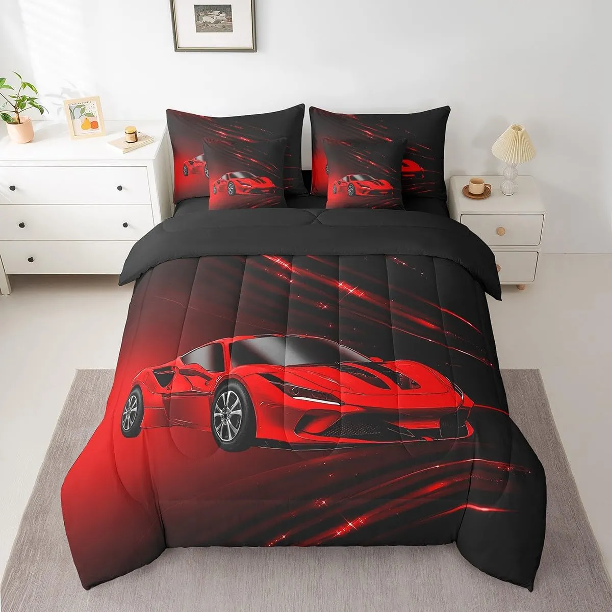 Feelyou Boys Red Race Car 7 Piece Bedding Set Full Size Speed Sports Car Comforter Set with Sheets for Kids Teens Adult Fast and Furious Bed in a Bag Red Ombre Bed Set