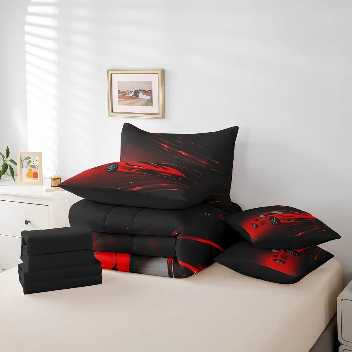 Feelyou Boys Red Race Car 7 Piece Bedding Set Full Size Speed Sports Car Comforter Set with Sheets for Kids Teens Adult Fast and Furious Bed in a Bag Red Ombre Bed Set