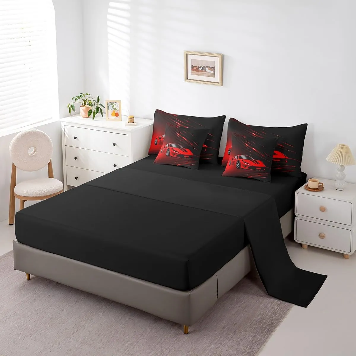 Feelyou Boys Red Race Car 7 Piece Bedding Set Full Size Speed Sports Car Comforter Set with Sheets for Kids Teens Adult Fast and Furious Bed in a Bag Red Ombre Bed Set