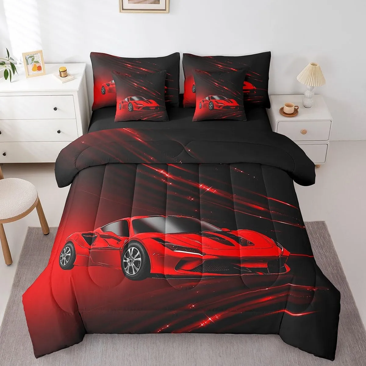 Feelyou Boys Red Race Car 7 Piece Bedding Set Full Size Speed Sports Car Comforter Set with Sheets for Kids Teens Adult Fast and Furious Bed in a Bag Red Ombre Bed Set