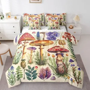 Feelyou Cute Mushroom Comforter Set with Sheets King Size Kids Wild Mushrooms 7 Pieces Bedding Set Boys Girls Teens Kawaii Fungus Bed in a Bag Breathable Cartoon Mushroom Bed Set Floral Plants