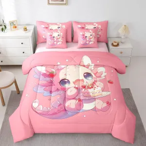 Feelyou Kids Cute Axolotl Bed in A Bag Twin Size, Ocean Sealife Comforter Set with Sheets Kawaii Animal 7 Pieces Bedding Set Boys Girls Cartoon Salamander Teens Bed Set Bedroom Decor 7Pcs