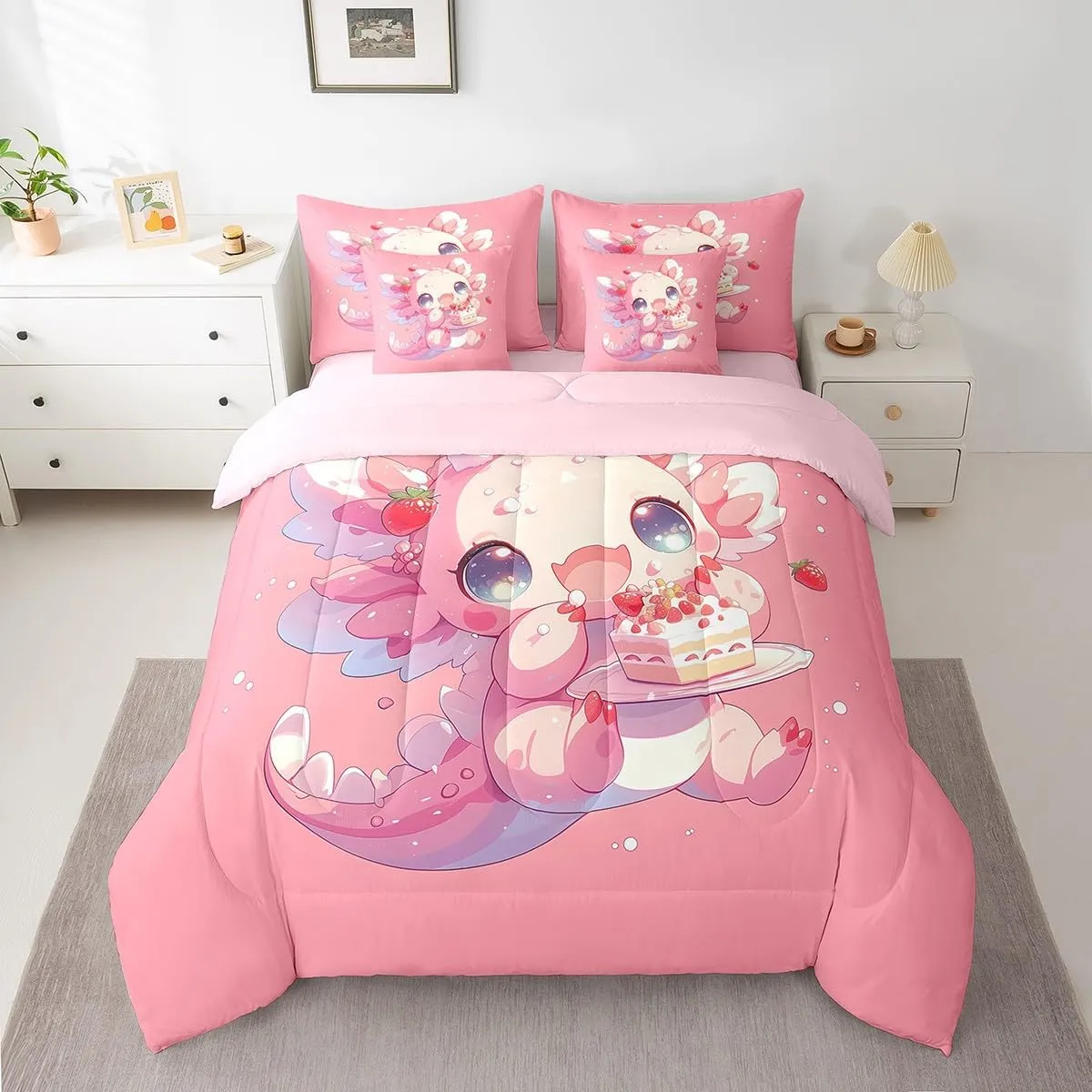 Feelyou Kids Cute Axolotl Bed in A Bag Twin Size, Ocean Sealife Comforter Set with Sheets Kawaii Animal 7 Pieces Bedding Set Boys Girls Cartoon Salamander Teens Bed Set Bedroom Decor 7Pcs