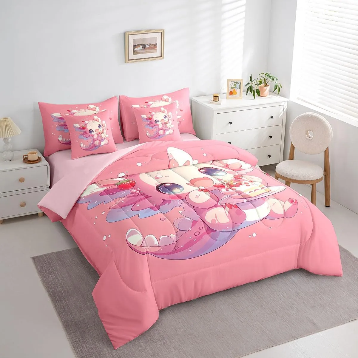 Feelyou Kids Cute Axolotl Bed in A Bag Twin Size, Ocean Sealife Comforter Set with Sheets Kawaii Animal 7 Pieces Bedding Set Boys Girls Cartoon Salamander Teens Bed Set Bedroom Decor 7Pcs