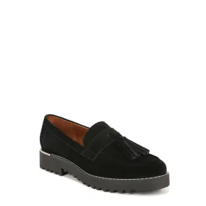 Franco Sarto Womens Carolynn Lug Sole Loafer with Tassel Detail , Black Suede, 8 M