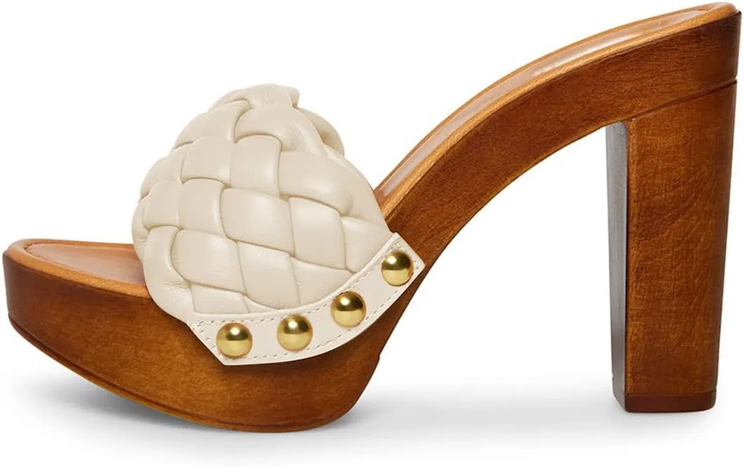 FSJ Shoes Women Braided Open Toe Chunky High Heel Sandal Woven Slip On Mule Comfortable Platform Casual Backless Dress Slide Slippers Size 4-15 US