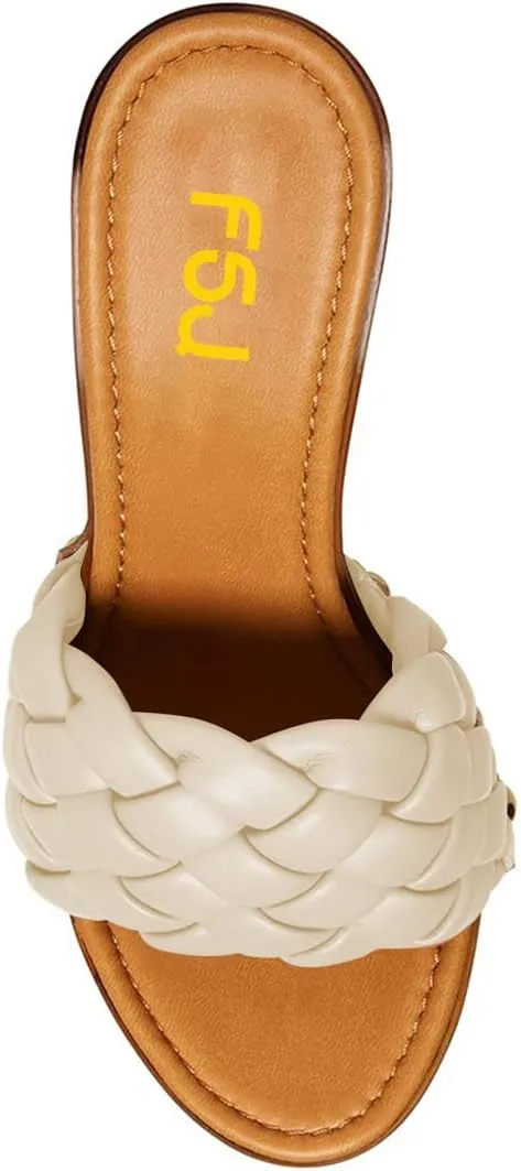 FSJ Shoes Women Braided Open Toe Chunky High Heel Sandal Woven Slip On Mule Comfortable Platform Casual Backless Dress Slide Slippers Size 4-15 US