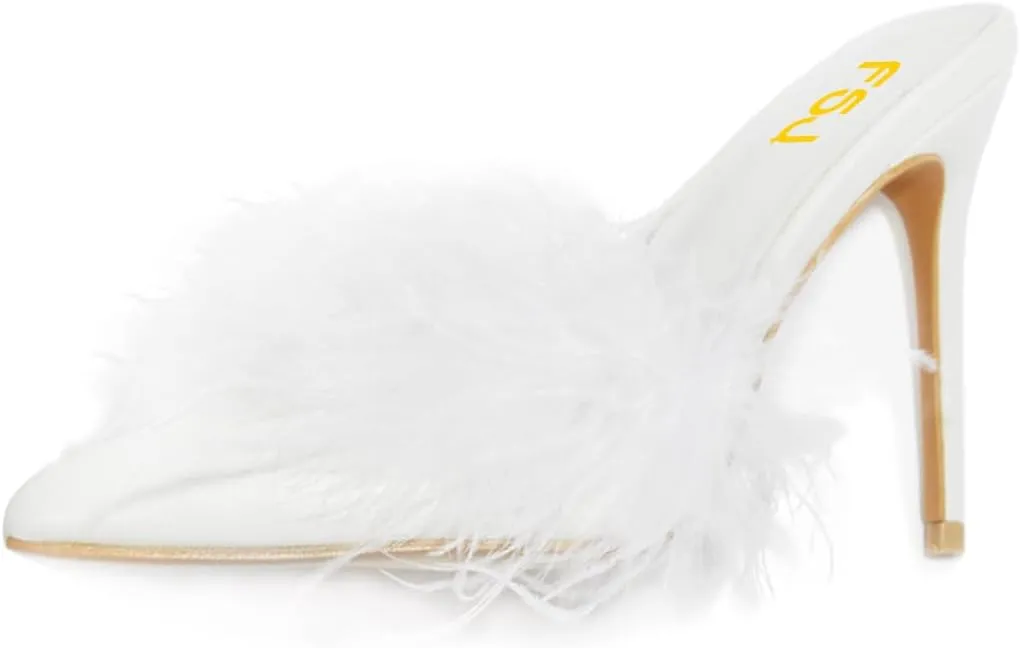 FSJ Women Fur Feather Stilettos, High Heel Mule Sandals, Pointed Toe Slip On Slippers, Wedding Dress Party Shoes Size 4-15 US
