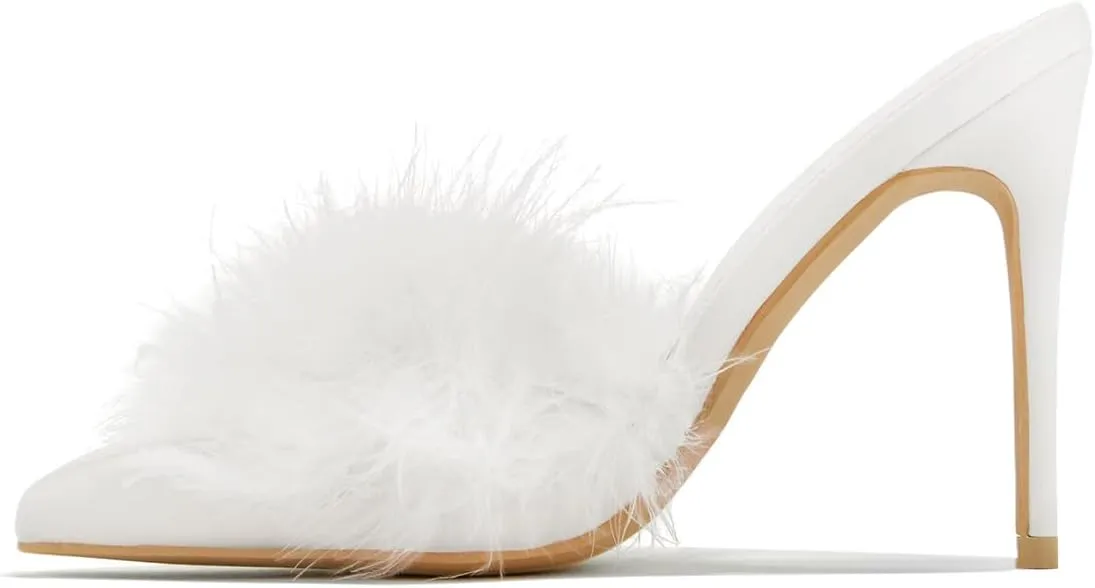 FSJ Women Fur Feather Stilettos, High Heel Mule Sandals, Pointed Toe Slip On Slippers, Wedding Dress Party Shoes Size 4-15 US