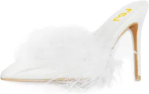 FSJ Women Fur Feather Stilettos, High Heel Mule Sandals, Pointed Toe Slip On Slippers, Wedding Dress Party Shoes Size 4-15 US