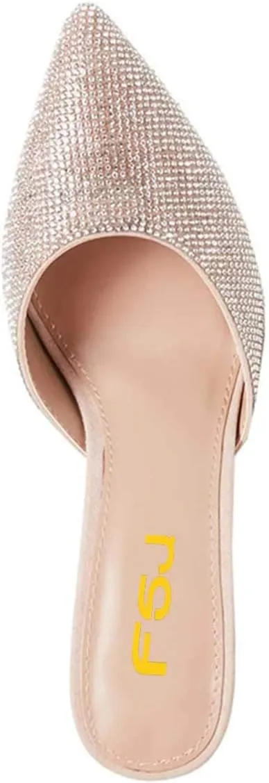 FSJ Women Slip On Mid High Heeled Mules Slipper Closed Pointed Toe Sandals Slides Dress Shoes Size 4-15 US