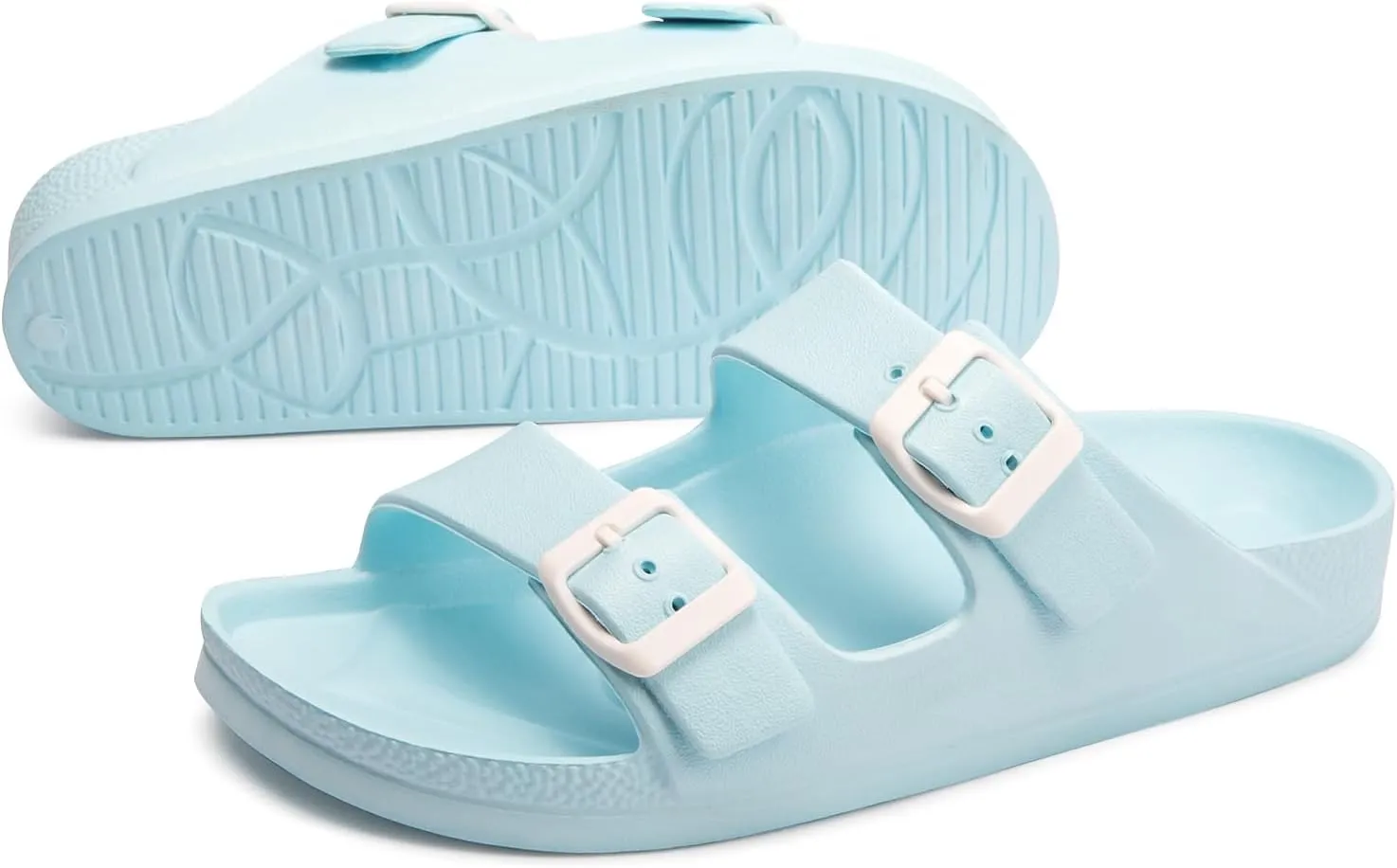 FUNKYMONKEY Women's Comfort Slides Double Buckle Adjustable Plastics Flat Sandals