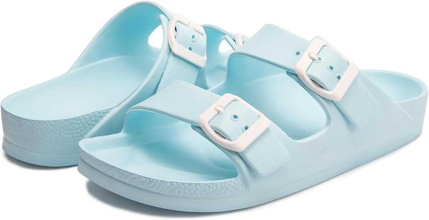 FUNKYMONKEY Women's Comfort Slides Double Buckle Adjustable Plastics Flat Sandals
