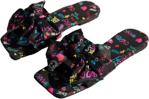 GORGLITTER Women's Bow Cute Trendy Sandals 2025 Graphic Print Dressy Open Square Toe Summer Slide Flat Sandals Black 8