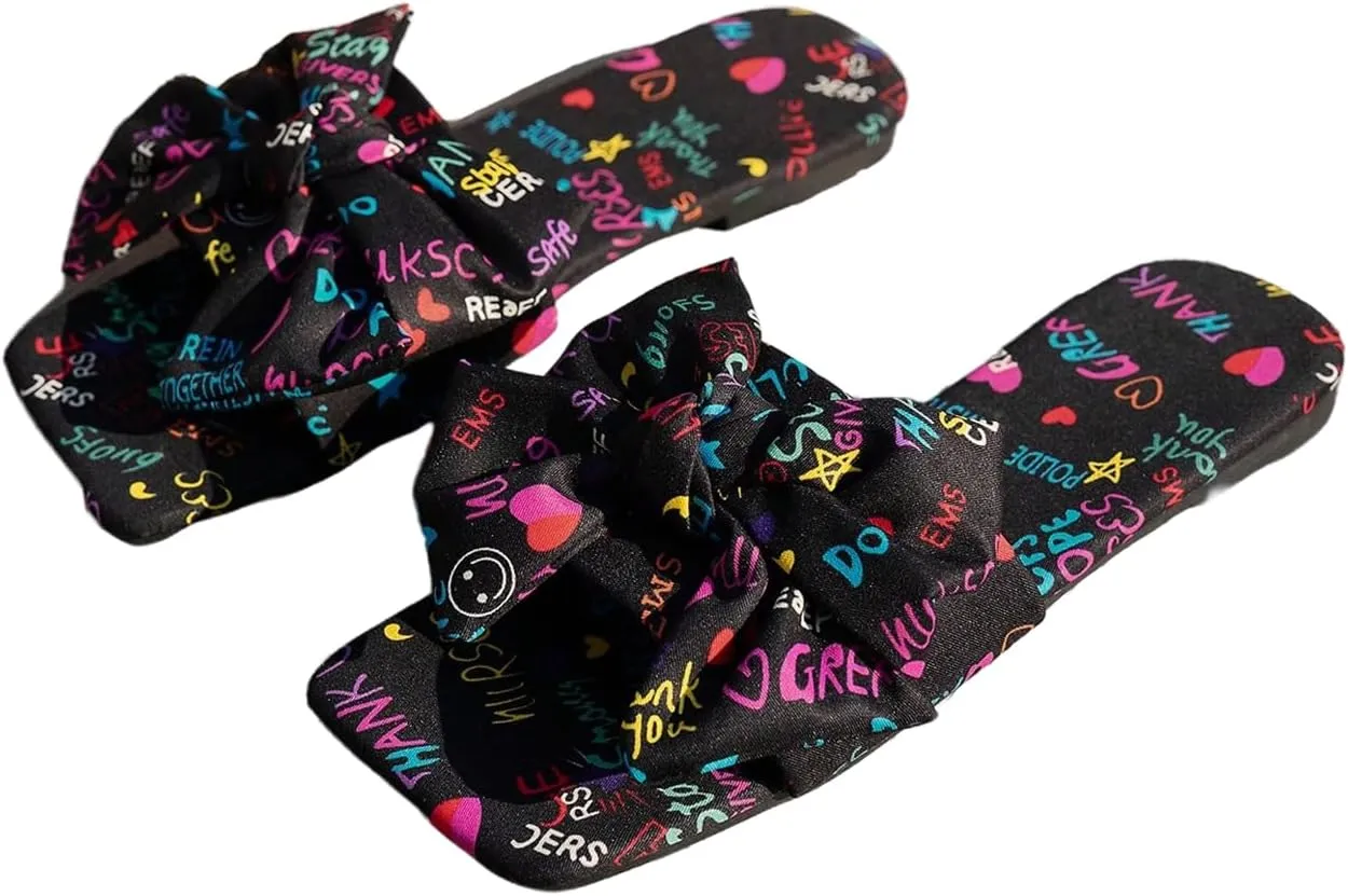 GORGLITTER Women's Bow Cute Trendy Sandals 2025 Graphic Print Dressy Open Square Toe Summer Slide Flat Sandals Black 8