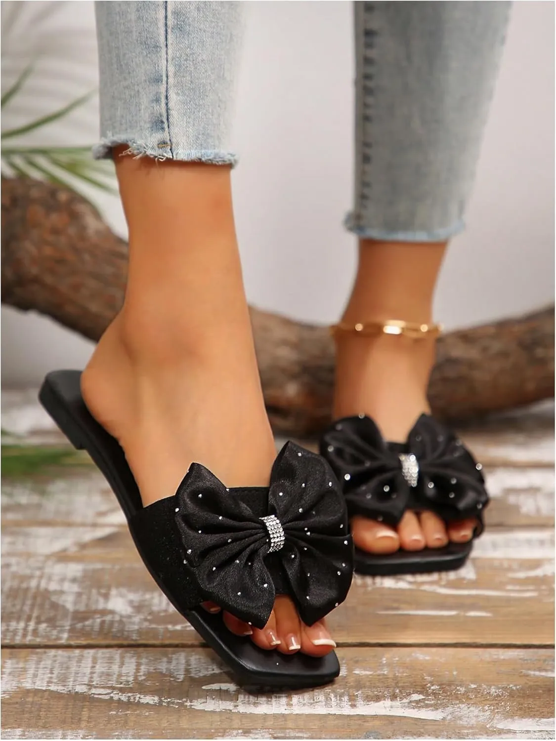 GORGLITTER Women's Bow Sandals Square Open Toe Slip on Dressy Summer Sandals