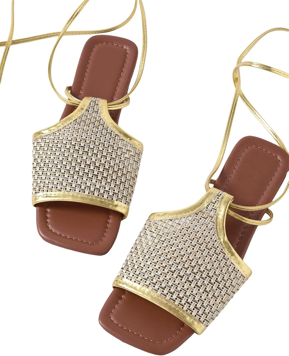 GORGLITTER Women's Braided Lace Up Beach Sandals Square Open Toe Roman Sandals
