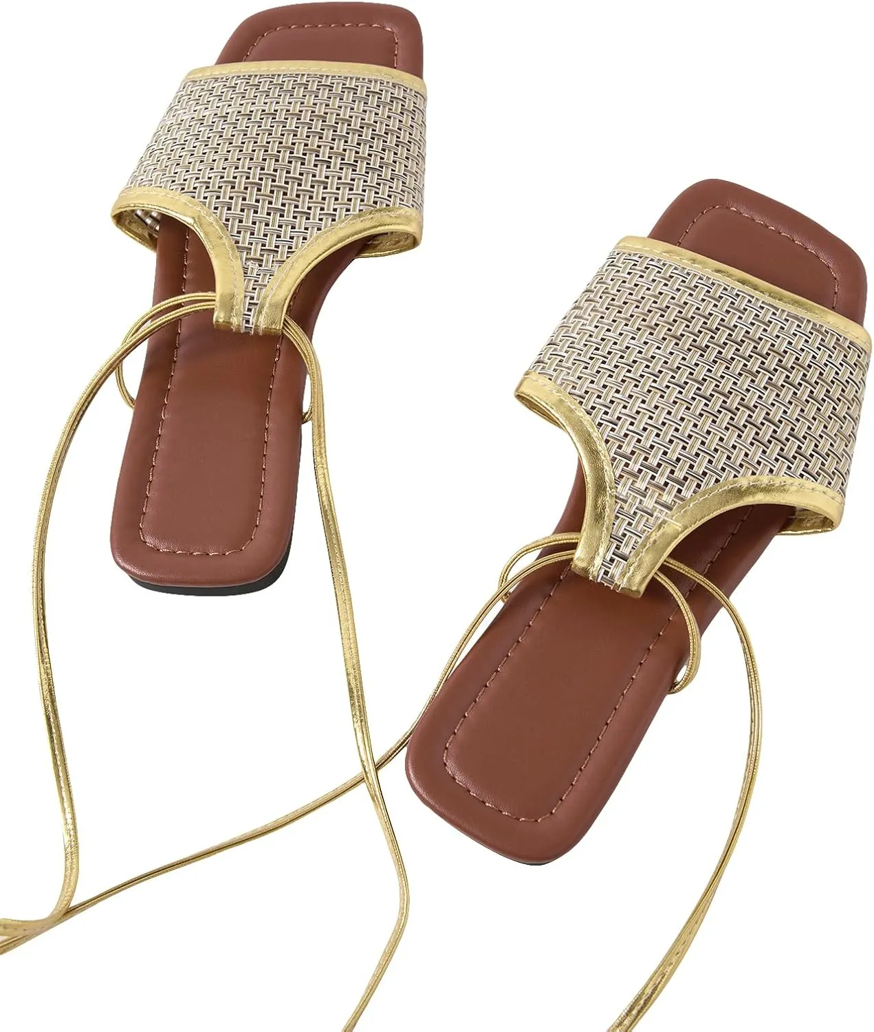 GORGLITTER Women's Braided Lace Up Beach Sandals Square Open Toe Roman Sandals