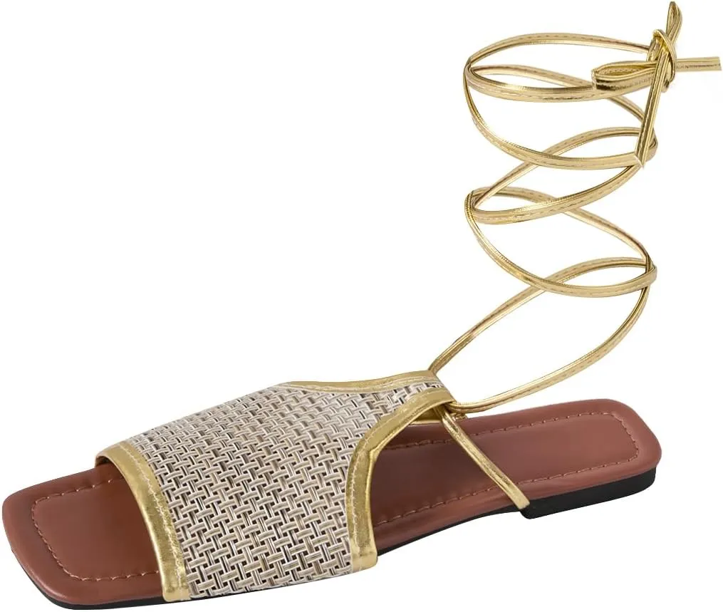 GORGLITTER Women's Braided Lace Up Beach Sandals Square Open Toe Roman Sandals