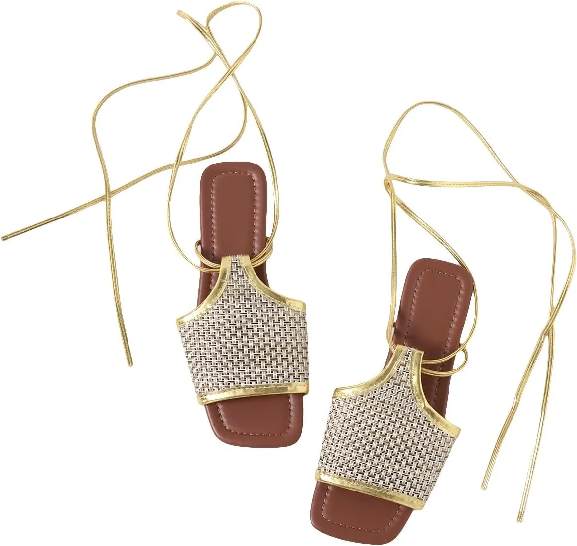 GORGLITTER Women's Braided Lace Up Beach Sandals Square Open Toe Roman Sandals