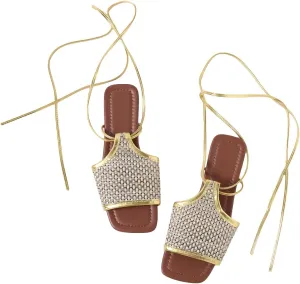 GORGLITTER Women's Braided Lace Up Beach Sandals Square Open Toe Roman Sandals