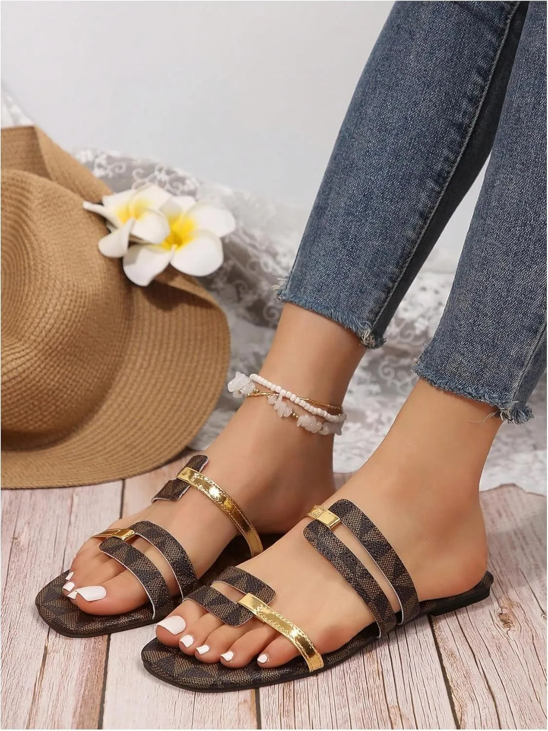 GORGLITTER Women's Metallic Strappy Cut Out Flat Sandals Dressy Leather Square Open Toe Summer Slides
