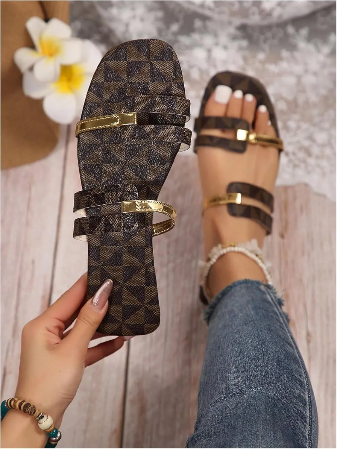 GORGLITTER Women's Metallic Strappy Cut Out Flat Sandals Dressy Leather Square Open Toe Summer Slides