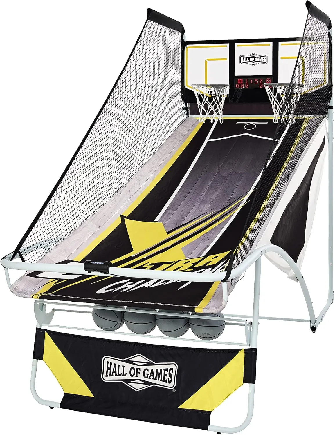 Hall of Games Xtra Long Shot EZ-Fold Premium Arcade Basketball Game with Built-in 4-Ball Storage Rack, Pop Off with The Perfect Basketball Game