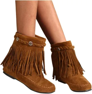 Hbeylia Women's Boots With Fringe Boho Fashion Casual Suede Round Toe Slip On Flats Wide Mid Calf Ankle Booties Bohemian Travel Comfort No Heels Winter Fall Dress Short Boots For Women Christmas Décor
