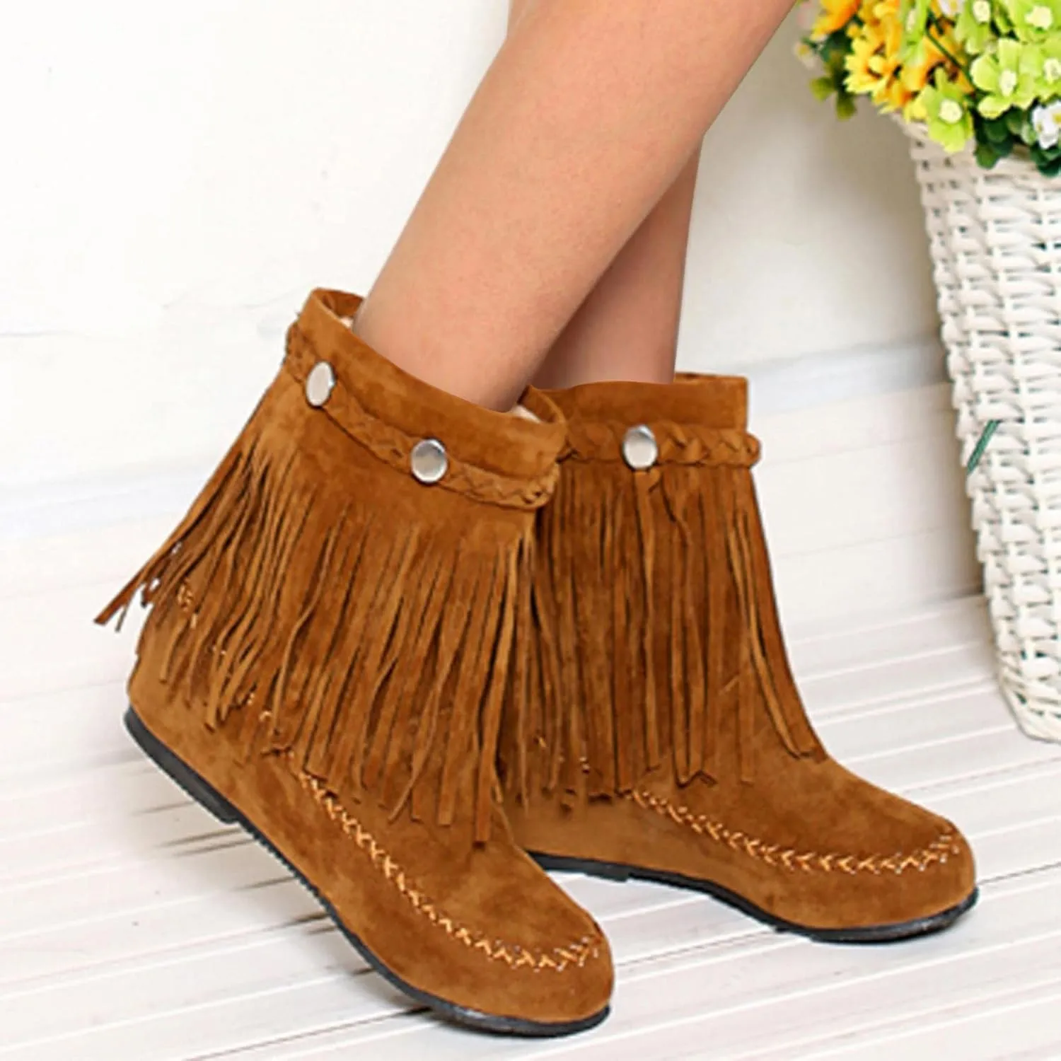 Hbeylia Women's Boots With Fringe Boho Fashion Casual Suede Round Toe Slip On Flats Wide Mid Calf Ankle Booties Bohemian Travel Comfort No Heels Winter Fall Dress Short Boots For Women Christmas Décor