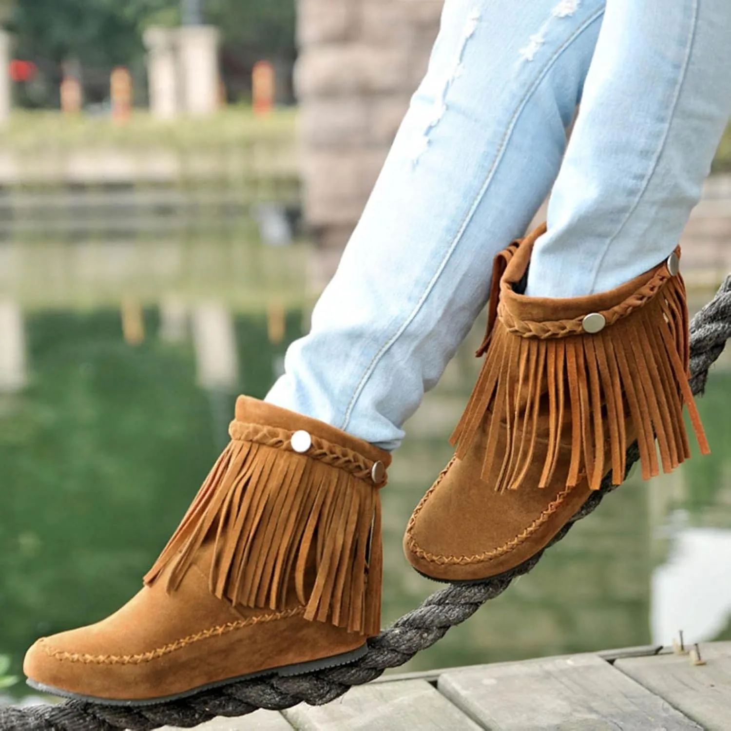 Hbeylia Women's Boots With Fringe Boho Fashion Casual Suede Round Toe Slip On Flats Wide Mid Calf Ankle Booties Bohemian Travel Comfort No Heels Winter Fall Dress Short Boots For Women Christmas Décor