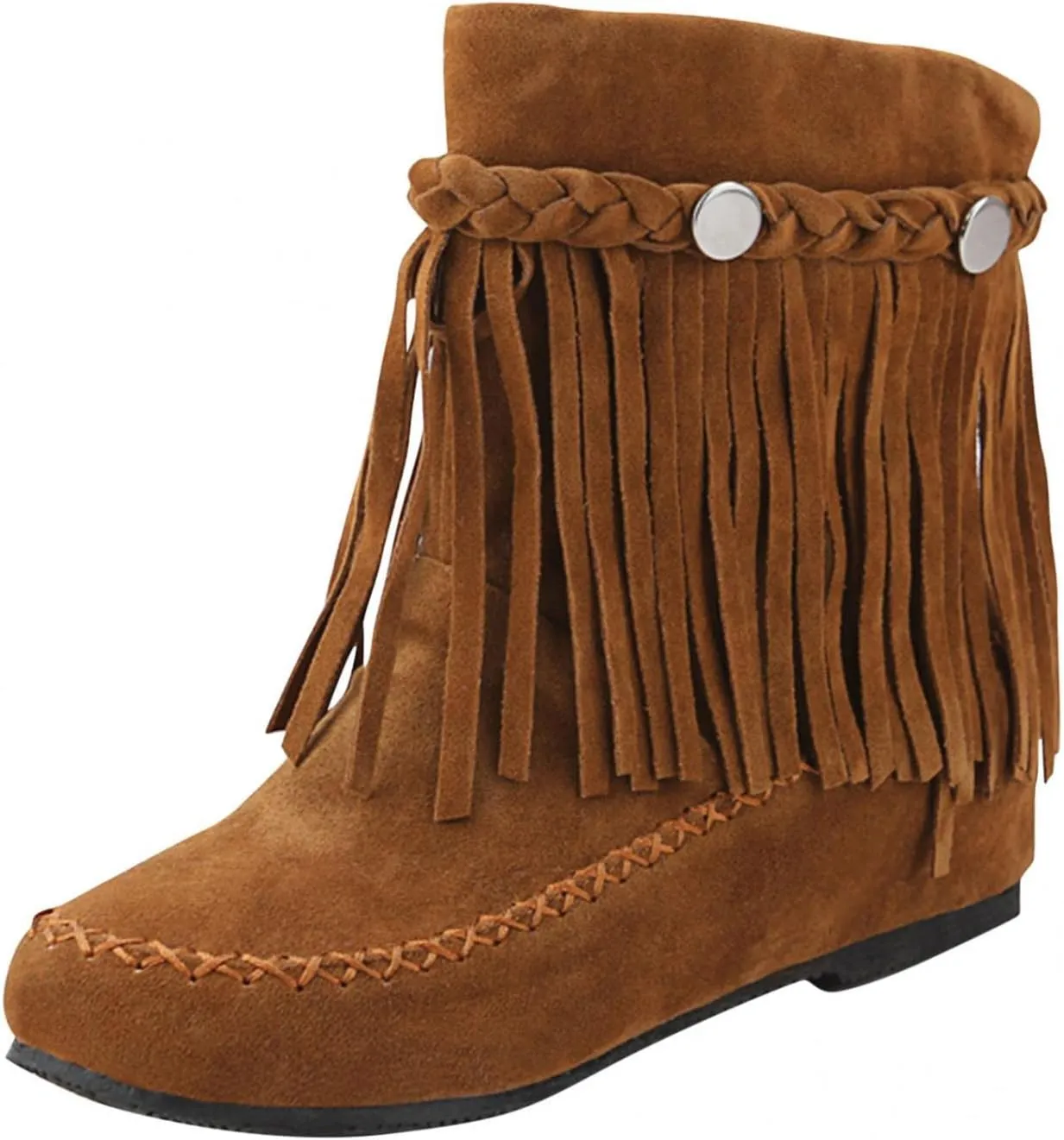 Hbeylia Women's Boots With Fringe Boho Fashion Casual Suede Round Toe Slip On Flats Wide Mid Calf Ankle Booties Bohemian Travel Comfort No Heels Winter Fall Dress Short Boots For Women Christmas Décor